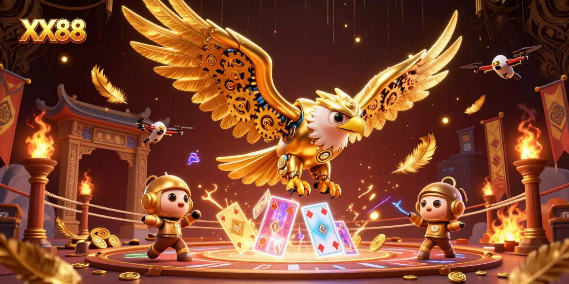 Engage with XX88's thrilling play action featuring a golden eagle amidst holographic cards
