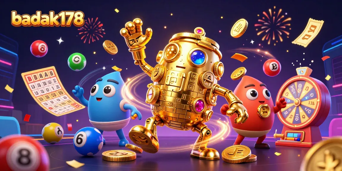 Join the excitement at badak178 with colorful lottery balls and golden rewards in this vibrant scene.