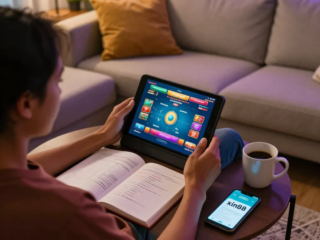 Player immersed in xin88 online casino game on tablet, demonstrating strategic gaming while managing bankroll.