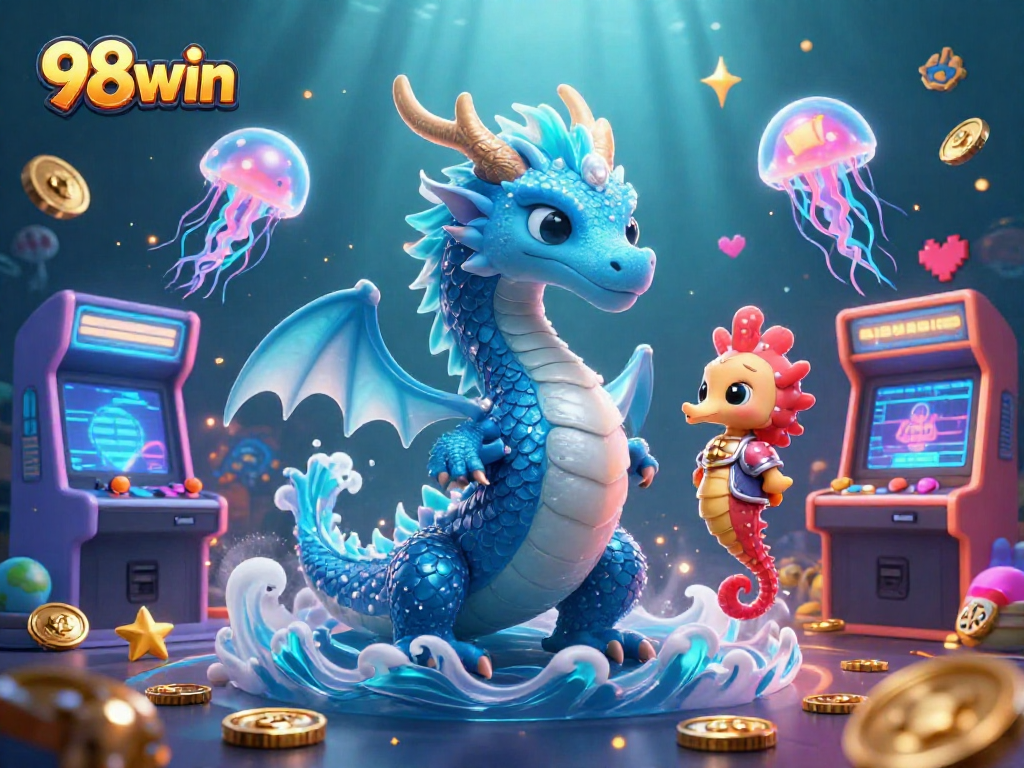 Experience excitement with 98win as a vibrant dragon, seahorse knight, and jellyfish illuminate this casino scene.