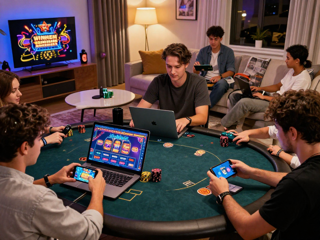I giocatori che si divertono con giochi di casino non AAMS in un accogliente salotto moderno, immersi nell'azione.