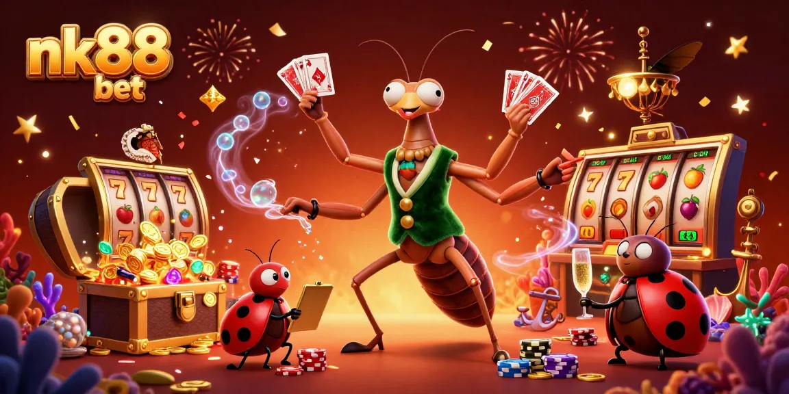 Experience the thrill of nk88 bet as a giant praying mantis deals cards with a ladybug pit boss in a vibrant casino scene.