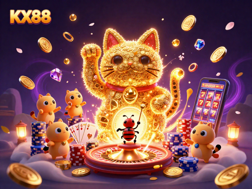 KX88 showcases a vibrant 3D casino scene with a lucky cat, fireflies, and dynamic gaming elements.