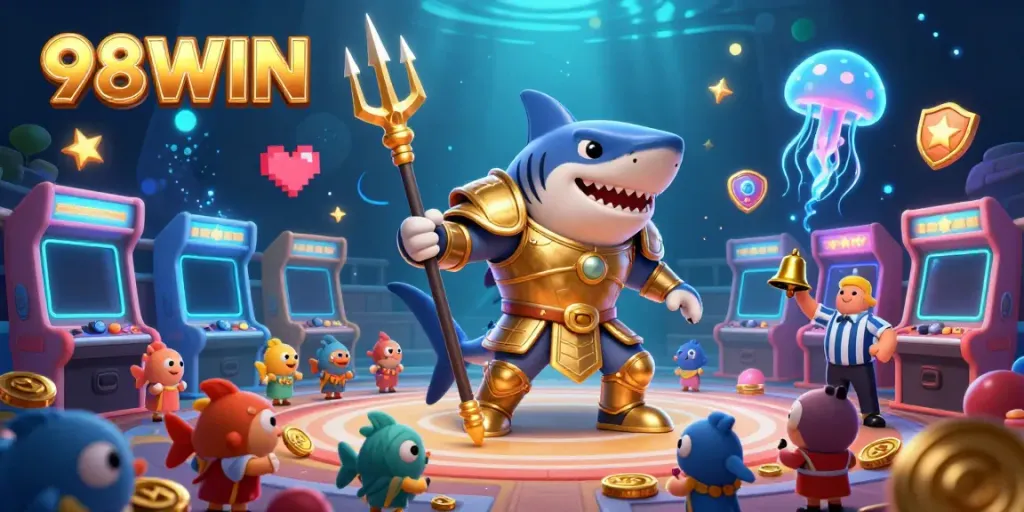 Experience thrilling gameplay at 98WIN with a vibrant underwater casino battle featuring a gladiator tiger shark.