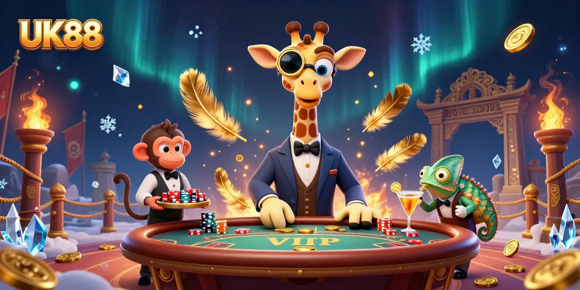 Bet on UK88 with high-roller giraffe at a VIP poker table amid golden casino elements.