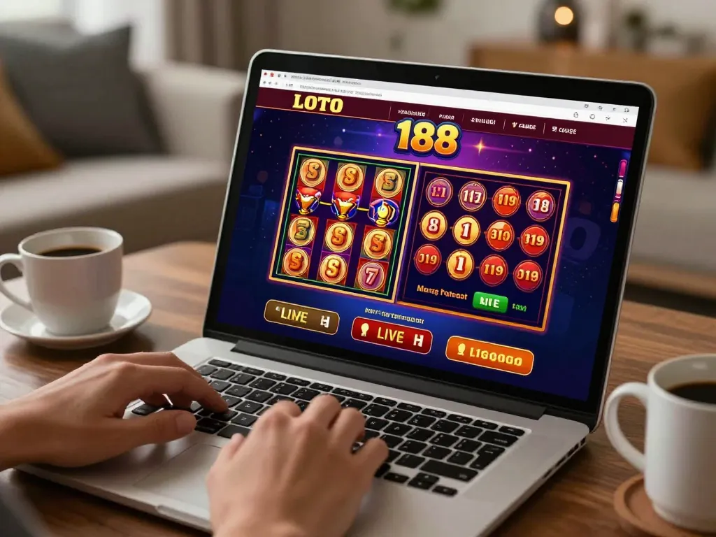 LOTO 188 players enjoying an engaging online casino experience on a laptop in a cozy setting, emphasizing strategic gaming.