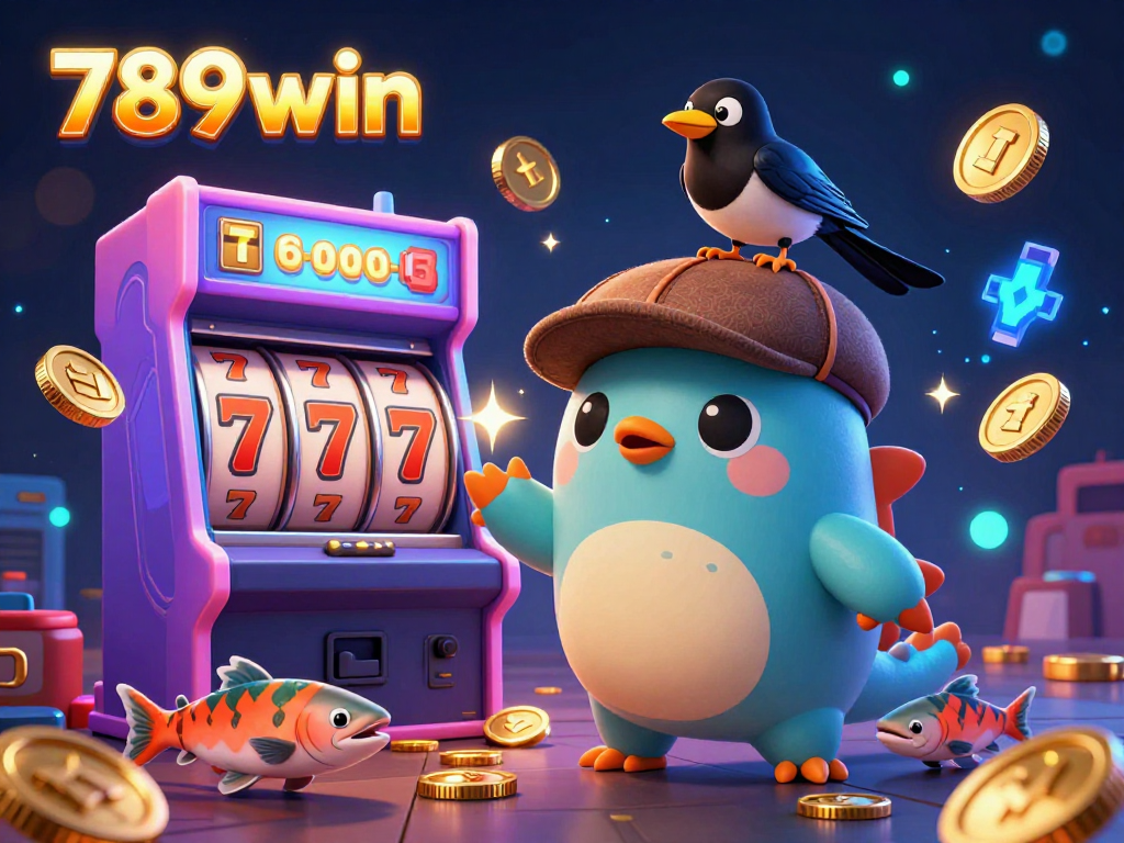 Experience the excitement of 789win with a vibrant 3D casino illustration showcasing colorful slots, animated gold coins, and playful characters.