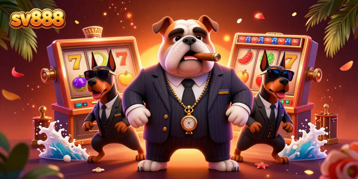 Witness the sv888 mafia boss bulldog overseeing a vibrant casino scene filled with slot machines and lucky symbols.