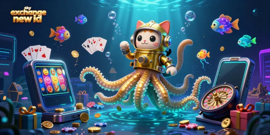 Activate your sky exchange new id with this vibrant 3D casino scene featuring a kraken and a diving cat surrounded by gaming elements.