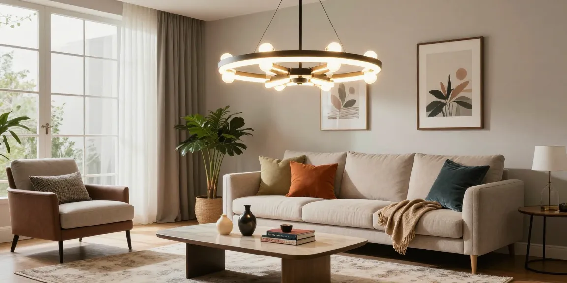 Candelabru living elegant în living room modern, cu lumini strălucitoare și decor sofisticat.