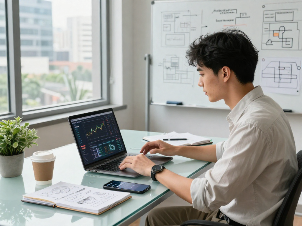 Young professional analyzing data on debet com in modern workspace