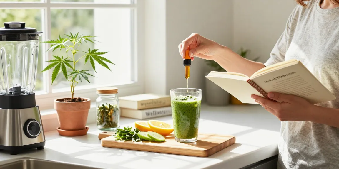 Ministryofcannabis CBD-infused smoothie preparation in a bright kitchen with natural wellness elements and hemp plants.