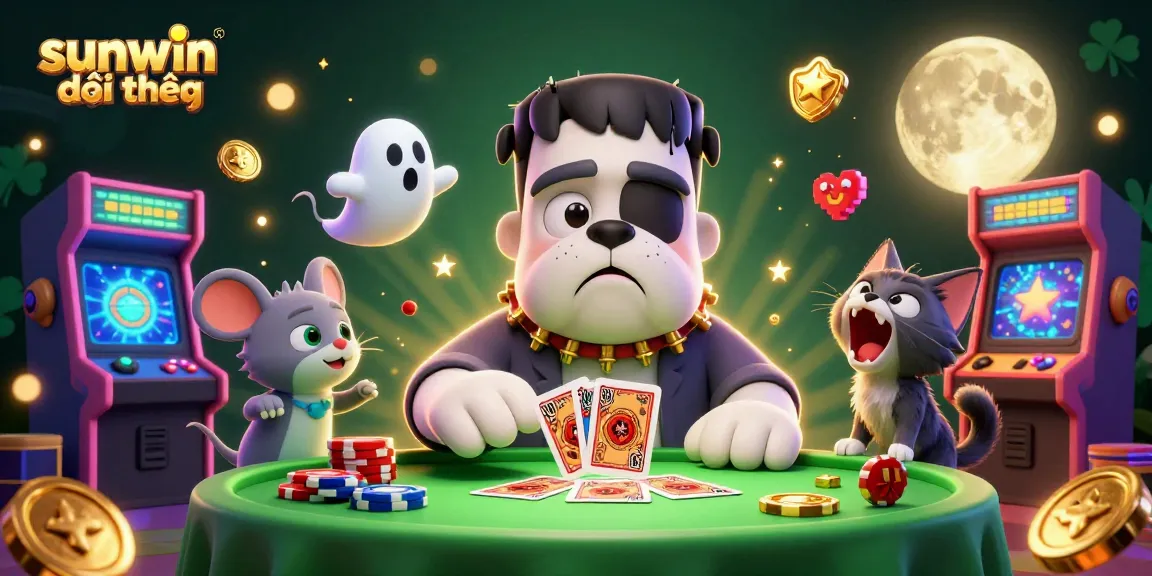 Experience sunwin đổi thưởng with a captivating 3D illustration of a casino scene featuring a Frankenstein bulldog and quirky characters.
