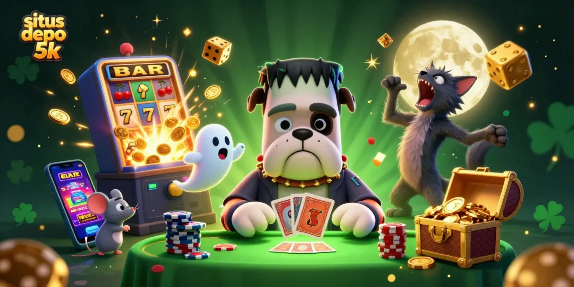 Experience the slots at situs depo 5k with a lively 3D illustration of casino characters and games.