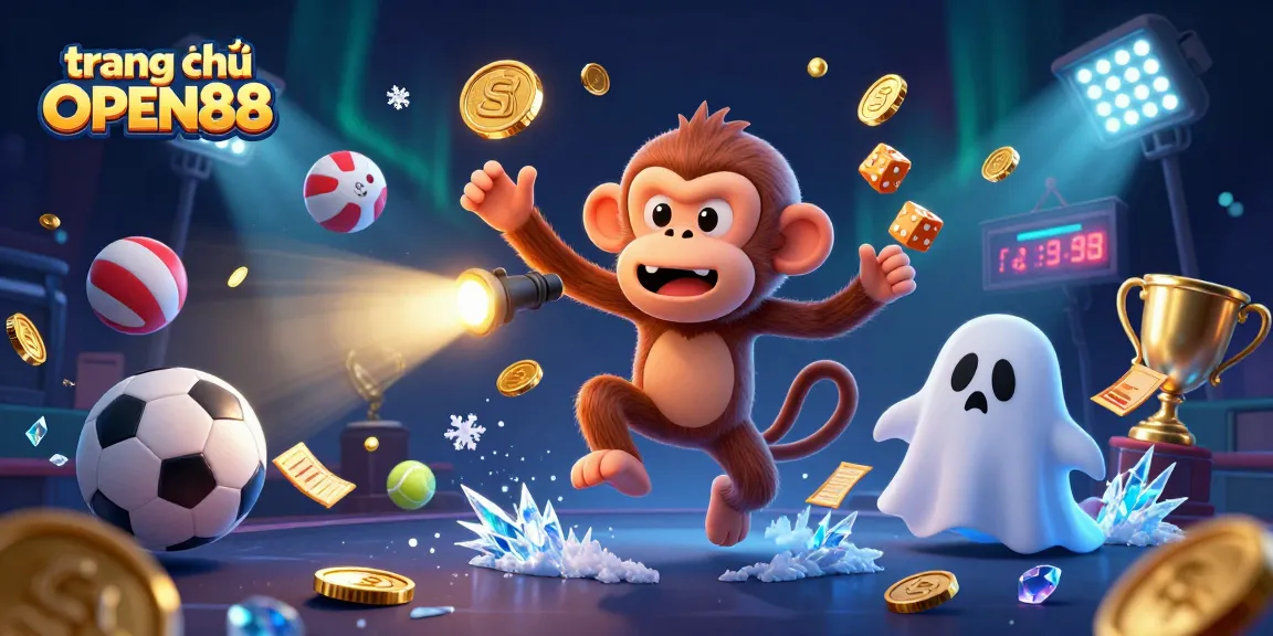 Experience the excitement of trang chủ OPEN88 with a playful poltergeist monkey in a haunted casino scene.