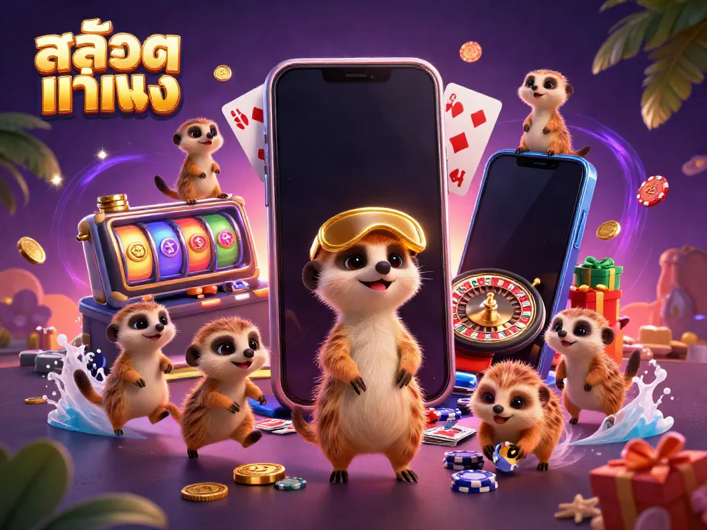 Experience the thrill of สล็อตแท้ตรง in this animated meerkat casino scene with vibrant gaming elements.