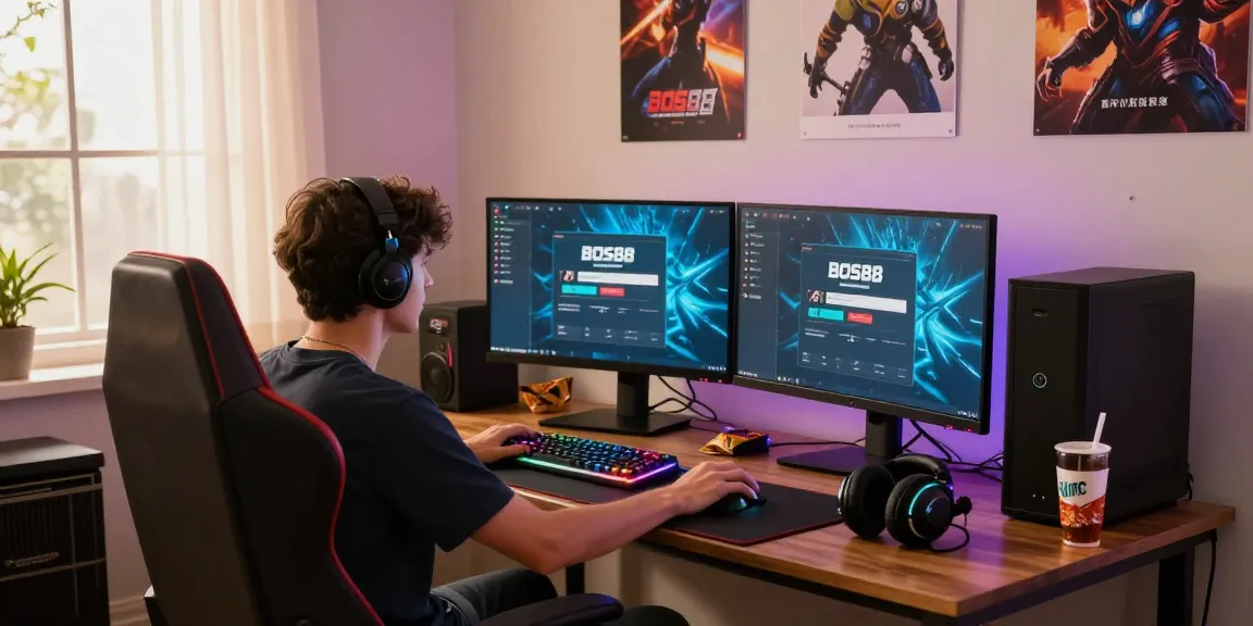 Pengguna Login BOS88 di ruang permainan dengan monitor ganda dan pencahayaan warna-warni.