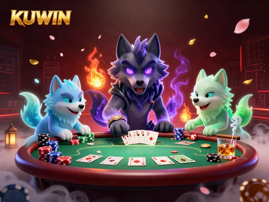 Engage in thrilling poker action at KUWIN with a dynamic 3D illustration showcasing captivating characters and rich gaming elements.