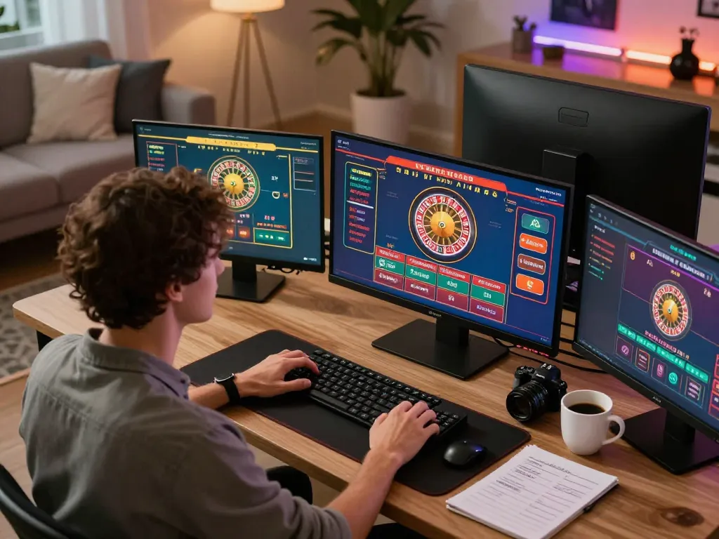 Engaging in keonhacai online gambling strategy at home with advanced gaming setup.