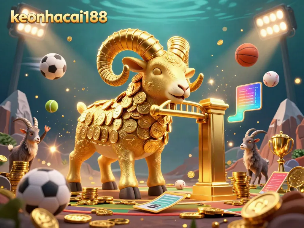 Bet and win with keonhacai188 featuring golden ram charging through a sports-themed scene filled with dynamic elements.