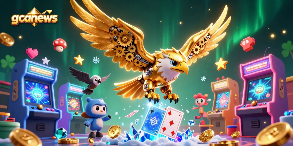 Engage with gcanews in this vibrant casino scene featuring a golden eagle and arcade game elements.