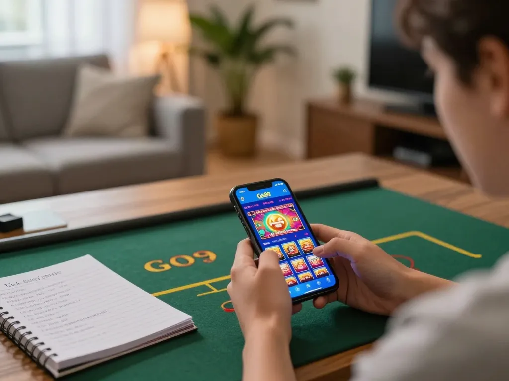 Engaged player exploring the Go99 casino app on smartphone in a cozy home setting.