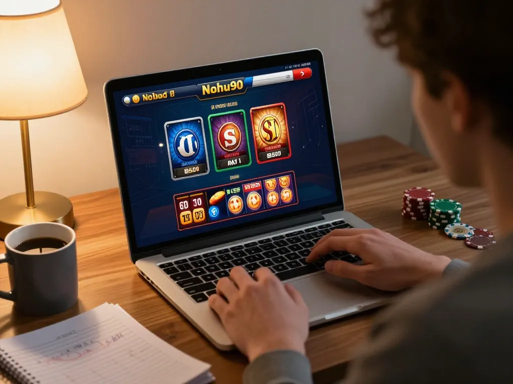 Engaged user playing Nohu90 online casino game on laptop at home.