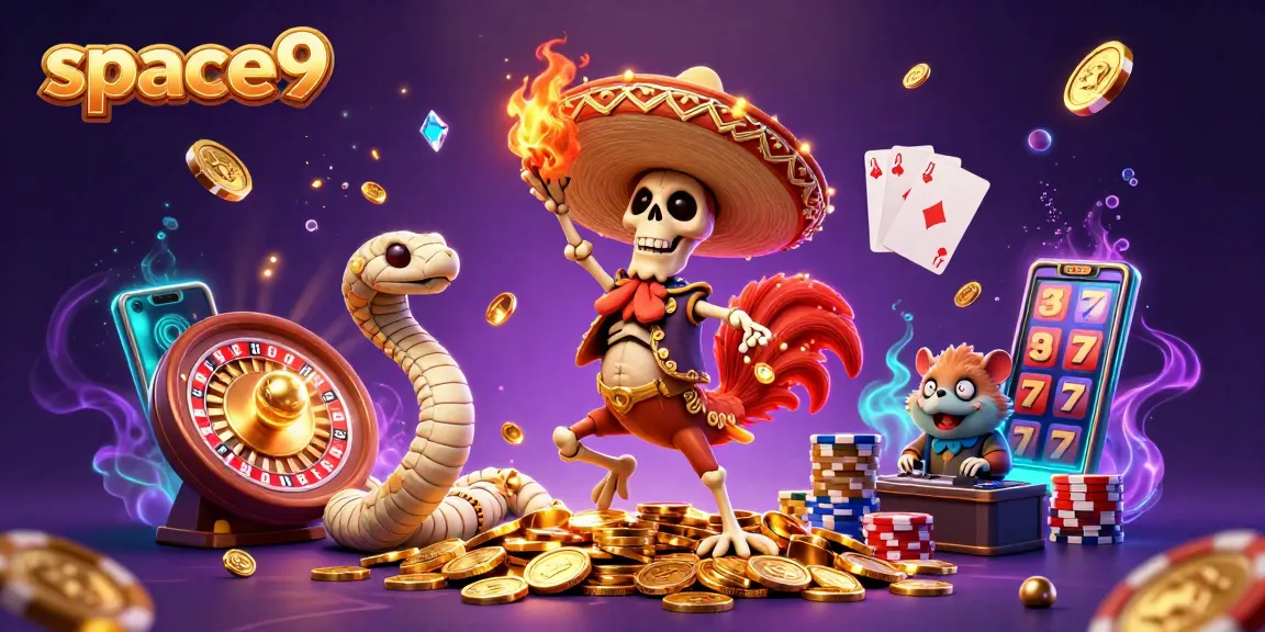 Spin and win big at space9 with exciting casino characters celebrating around a jackpot scene.