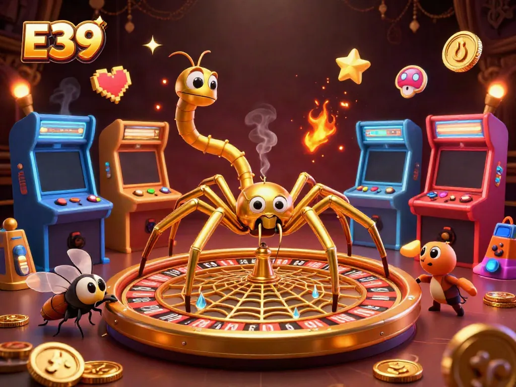 Experience E39's exciting gaming space with a vibrant spider spinning a golden roulette web.