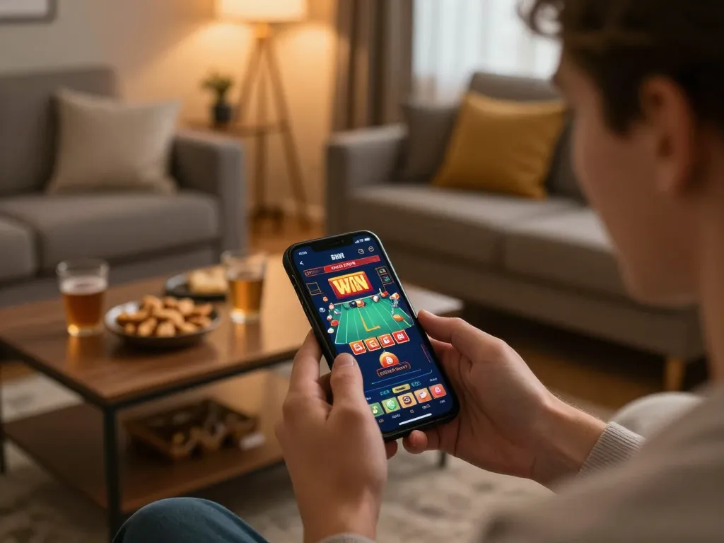 SUN WIN app interface displayed on smartphone during online gaming in a cozy living room setting.