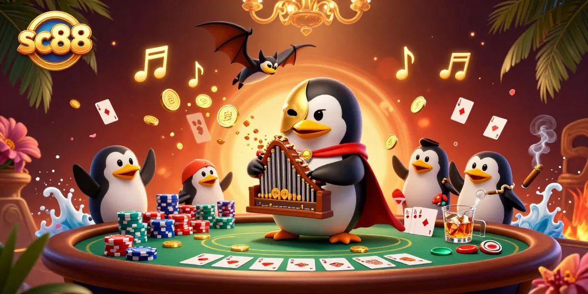 Win big at sc88 with an energetic scene of a penguin and bat, celebrating casino action.