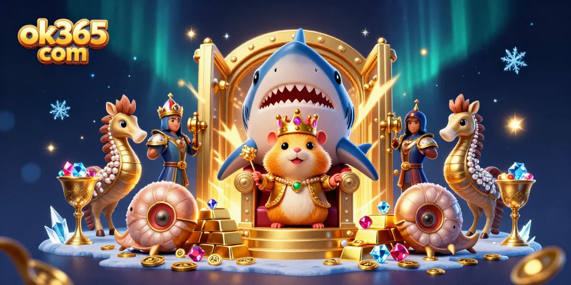 Spin to win at ok365 com with a golden hamster king surrounded by dazzling treasure and gaming elements.