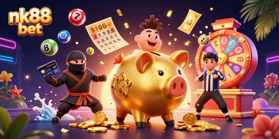 Navigating the excitement of nk88 bet, featuring a piggy bank sumo wrestler amongst colorful games and prizes.