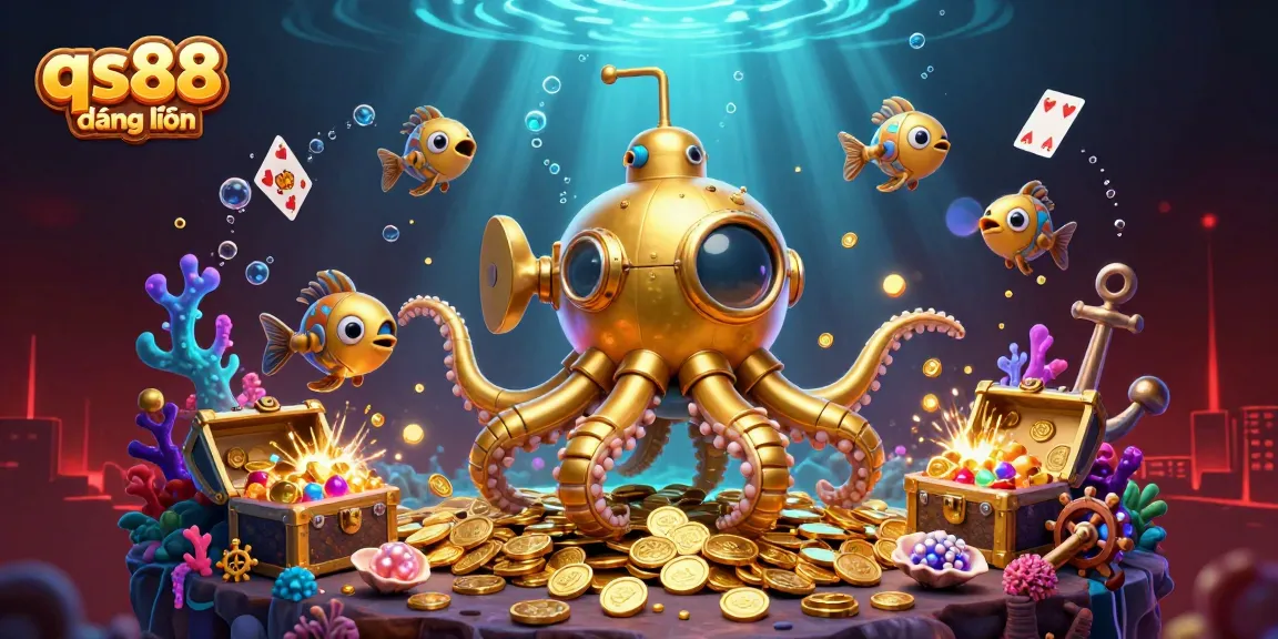 Engage in thrilling games at qs88 đăng nhập, featuring a vibrant underwater scene with golden kraken and treasure.