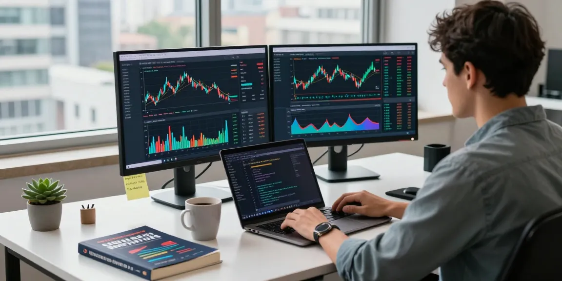 Developer analyzing quantitative trading data feed in a modern fintech workspace with dual monitors and natural light.