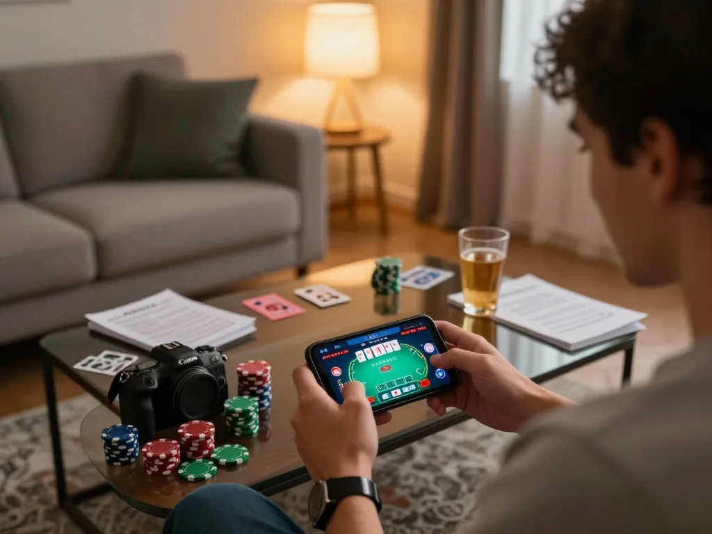 Player enjoying lc88 trang chủ on mobile device while relaxing in cozy living room, showcasing online gambling.