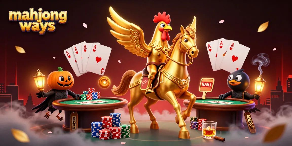 Wager on mahjong ways with golden rooster in a vibrant casino setting featuring poker elements.