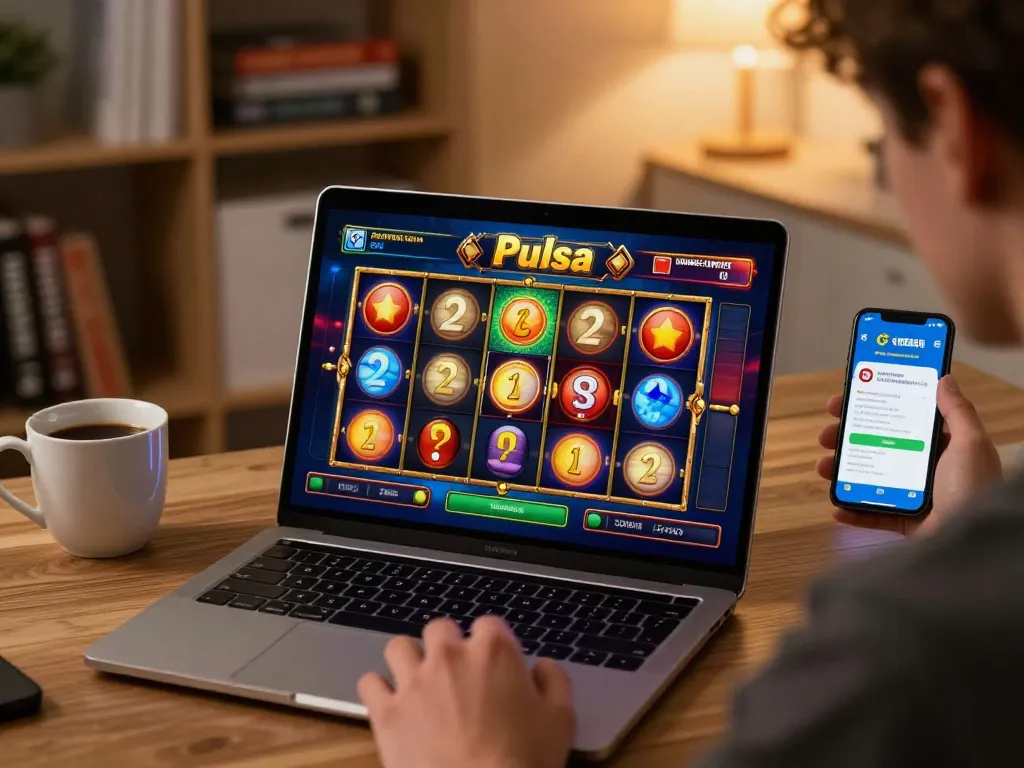 Experience thrilling gameplay with slot pulsa on a laptop in a cozy home office setup.
