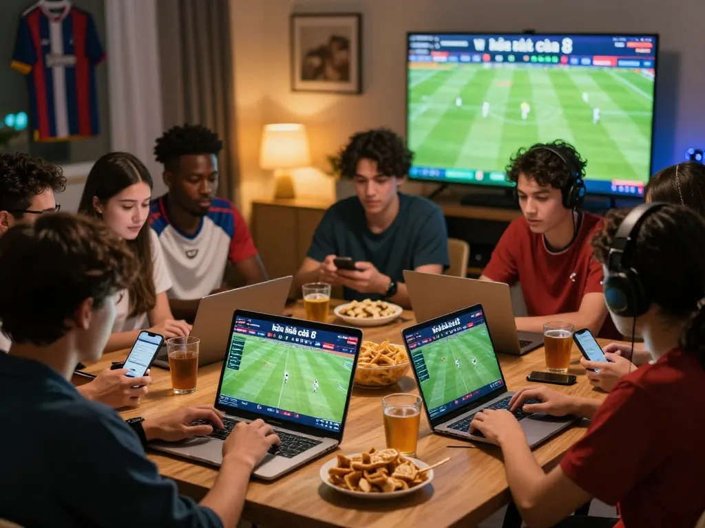 Excited young adults engaging with kèo nhà cái 8 on sports betting site during live football match.