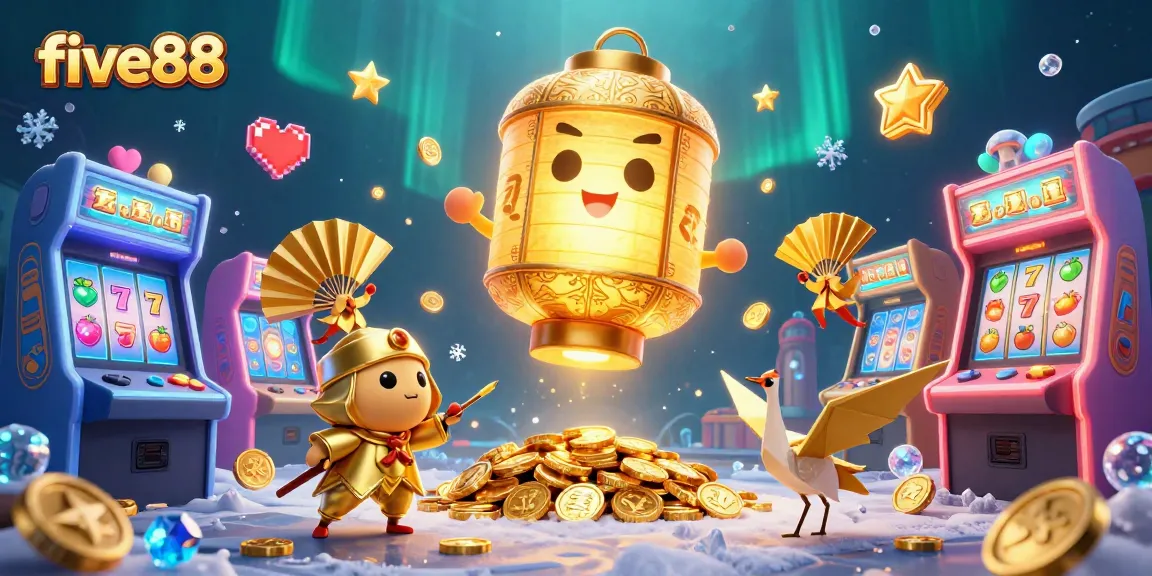 Experience the magic of five88 with a vibrant 3D casino scene featuring golden spirits and arcade elements.