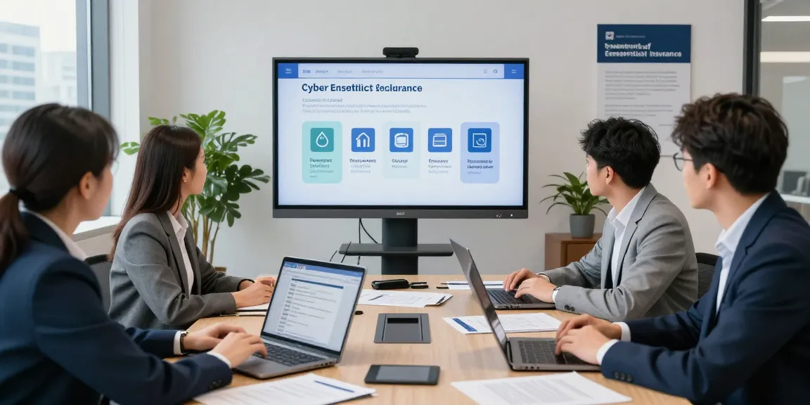 Team collaboration discussing cyber essentials insurance in a modern office setting.