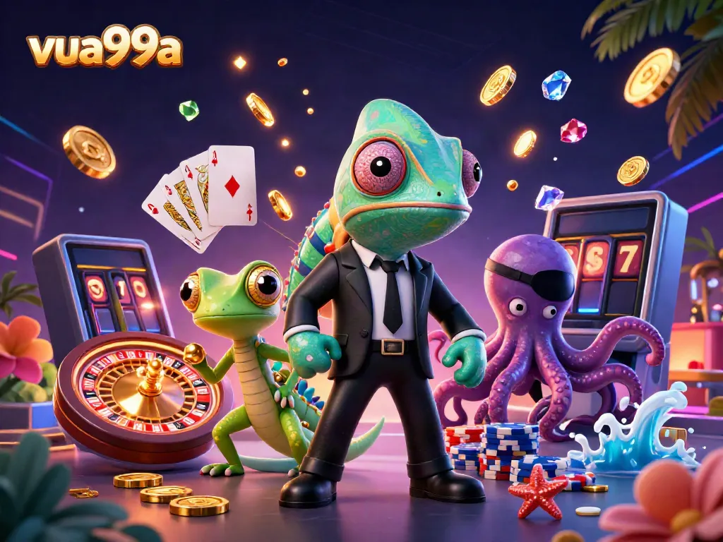 Experience thrilling casino action with vua99a's dynamic illustration featuring a vibrant 3D scene of characters amidst flying coins and playing cards.