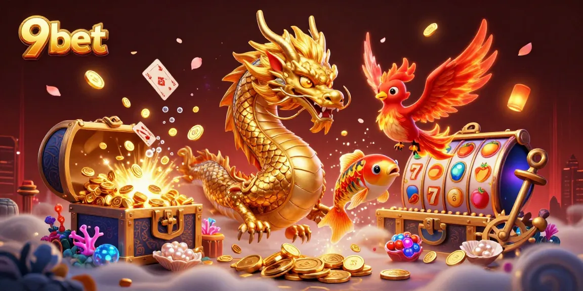 Experience exciting gameplay with 9bet's fierce golden dragon and vibrant casino elements.