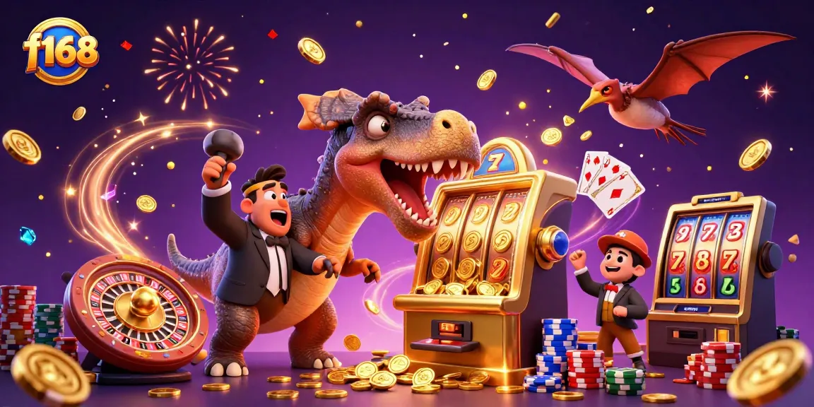 Experience the excitement of f168 with a dynamic scene of dinosaurs enjoying casino wins amidst sparkling coins.