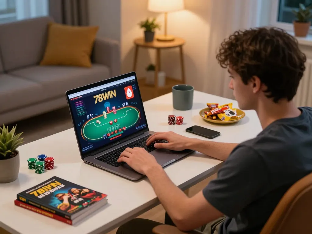 Engaged player using 78WIN platform on laptop, highlighting online gaming in a cozy home setting