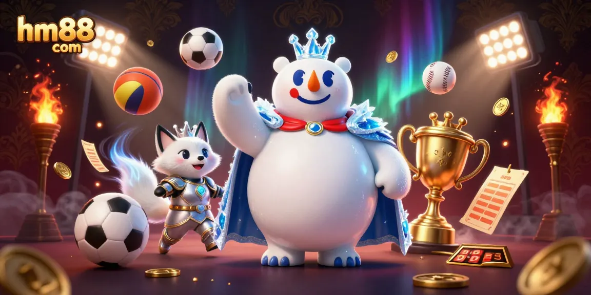 Experience thrilling gaming moments at hm88 com with a 3D illustration of a polar bear king and snow fox in action.