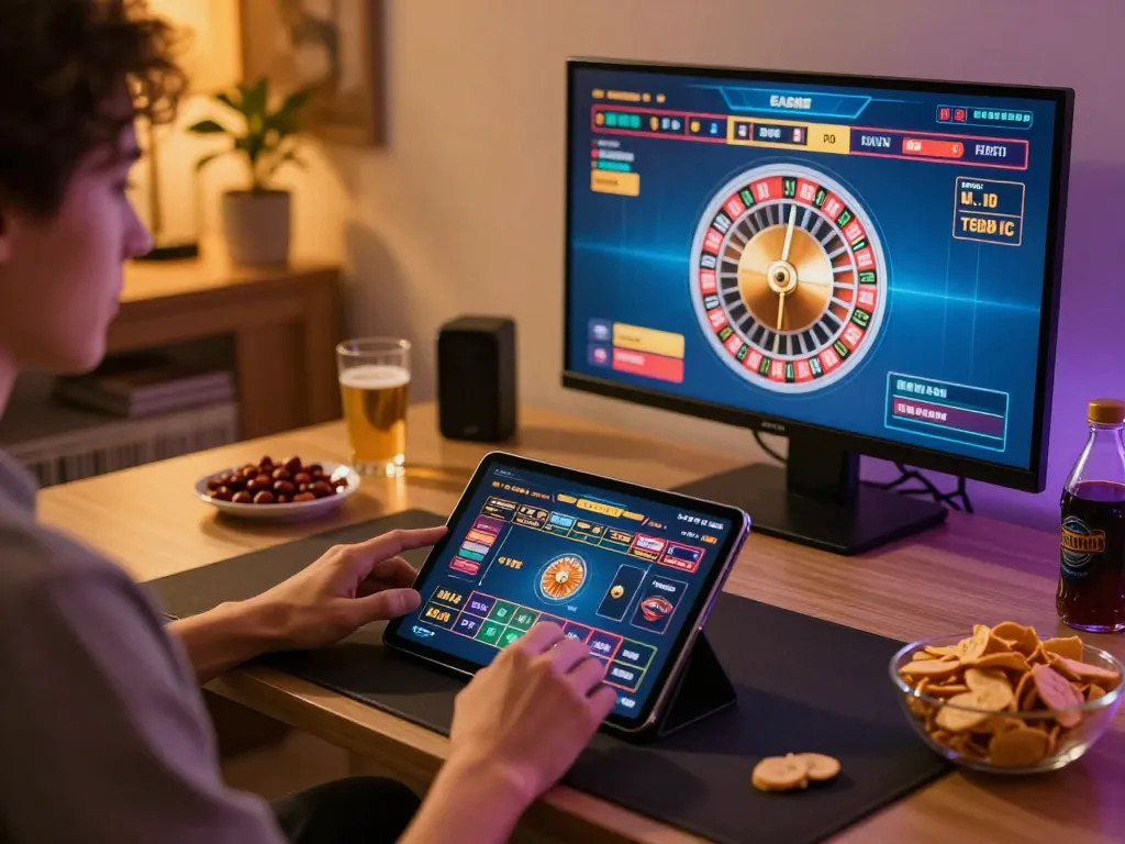 Engaging in live casino gameplay on a tablet at home with tr88 com interface, showcasing excitement and strategy