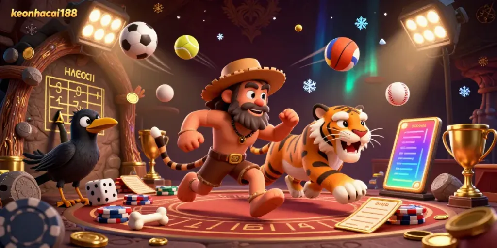 Bet on sports with keonhacai188 in an ultra-detailed prehistoric casino scene full of vibrant action.