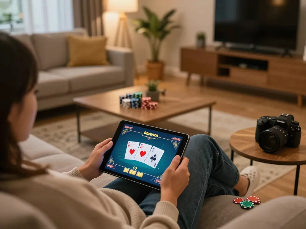 Engaged in strategic online gameplay with the game 98win on a tablet in a cozy home setting.