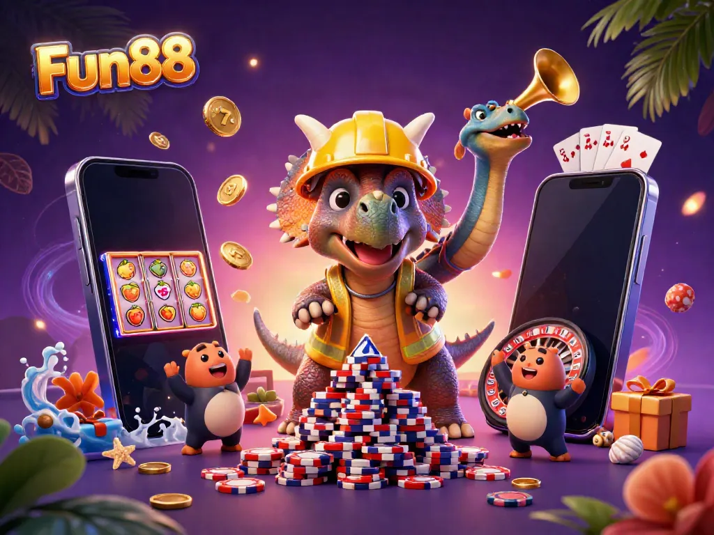 Fun88’s vibrant illustration showcases a triceratops building poker chip pyramids while gambling adventures unfold.